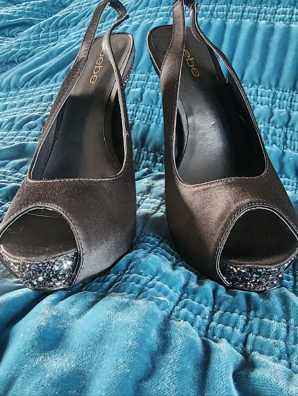 Bebe Black Satin Peep-Toe Slingback Heels with Glitter Toe